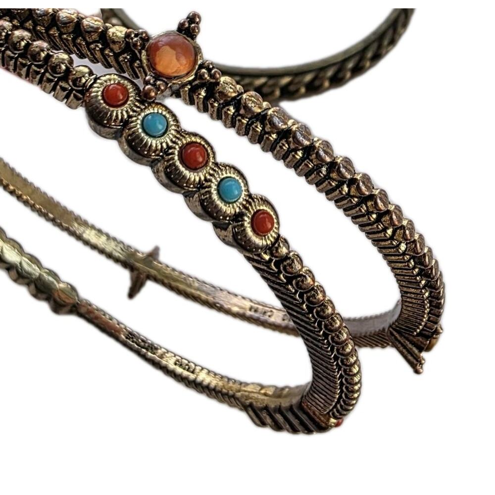 Graziano‎ Italy Bangle Bracelet 2 Piece Set Statement Antiqued Gold With Stones